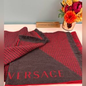 Versace Red and Dark Gray Logo Scarf, Unisex
